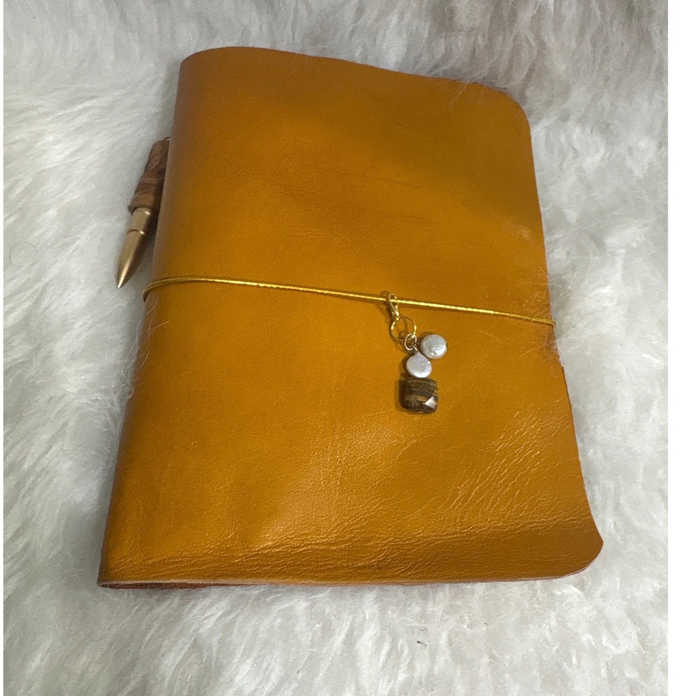 Homemade Cognac Leather Travelers Notebook 5A Bullet Pen Tiger Eye Pearl Stone